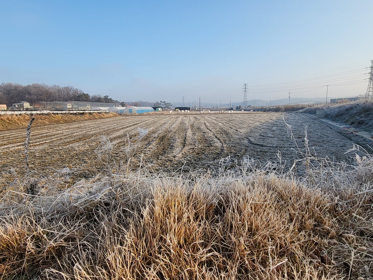 포천시 신북면 한 들판에 서리가 내렸다. ​​​​​​​8일 화요일인 오늘 경기·인천지역은 구름이 많다가 낮부터 차차 맑아지겠다. 또 대기가 매우 건조하겠다. (사진=김성운 기자)