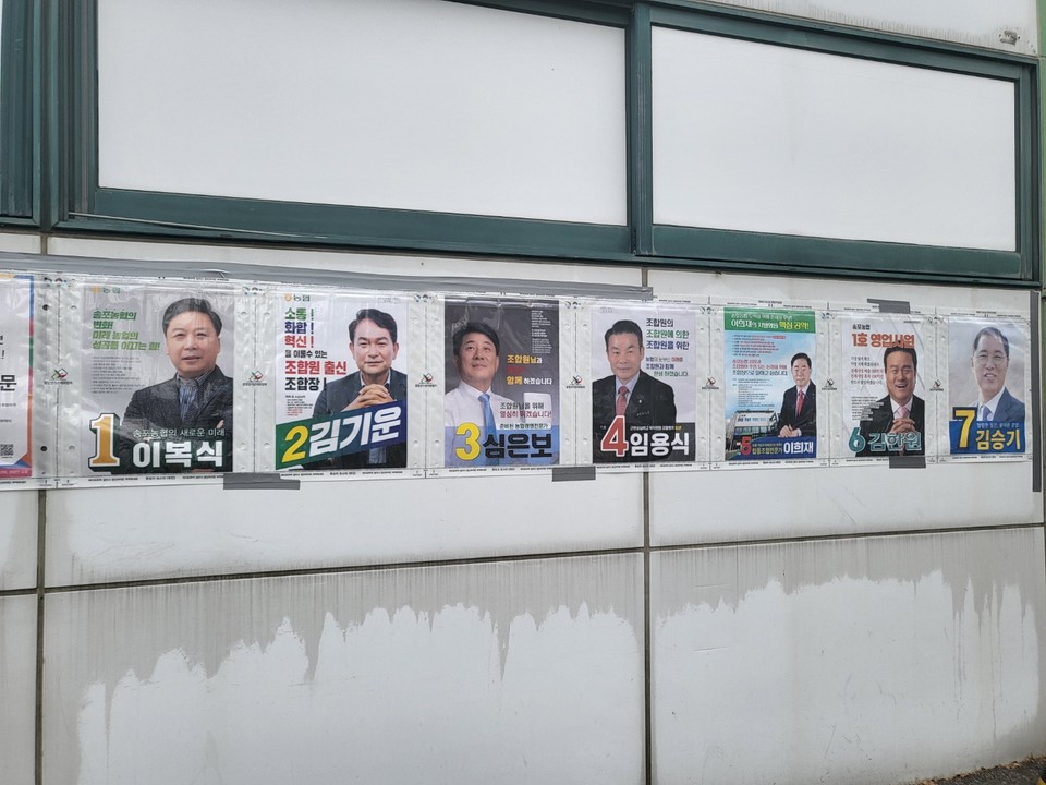 선거일을 8일 남겨놓은 28일 낮 12시께 고양시 대화동의 송포농협 벽면에 송포농협 조합장 선거 벽보가 길에 붙여져 있다. (사진=이종훈 기자)