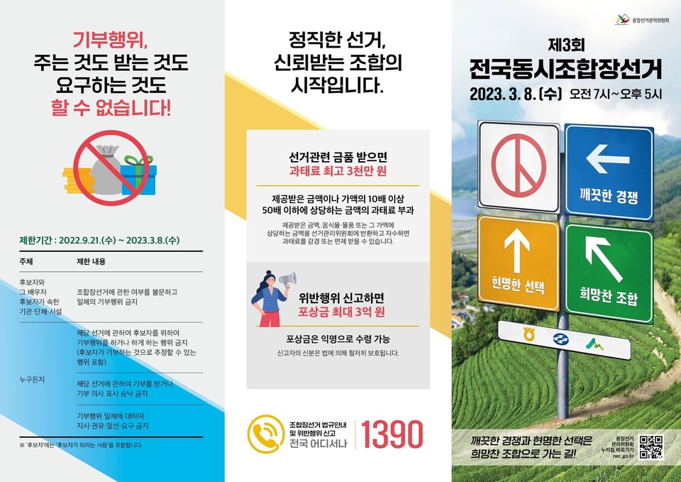 조합원 1300명에게 인사장과 연하장을 14회 발송한 조합장선거 입후보예정자가 경찰에 고발됐다. 사진은 조합장선거 선거규정 홍보물. (사진제공=부천시을선관위)