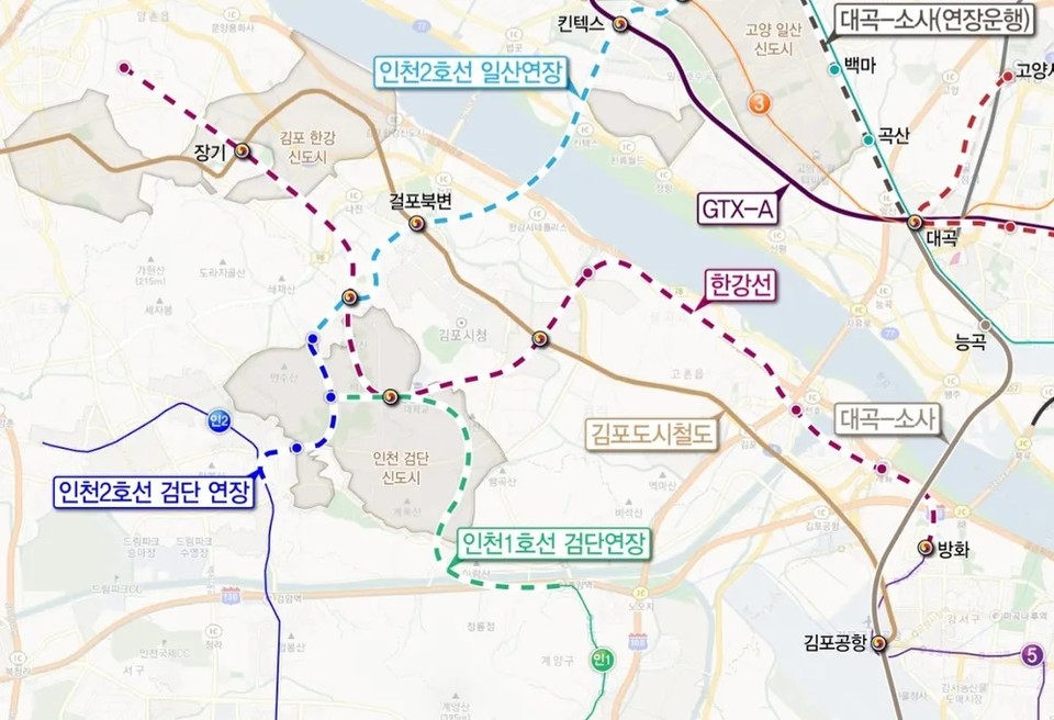 서울지하철 5호선 김포검단 연장노선을 포함한 수도권 서북부지역 지하철 노선 예상도. (사진제공=인천광역시청)