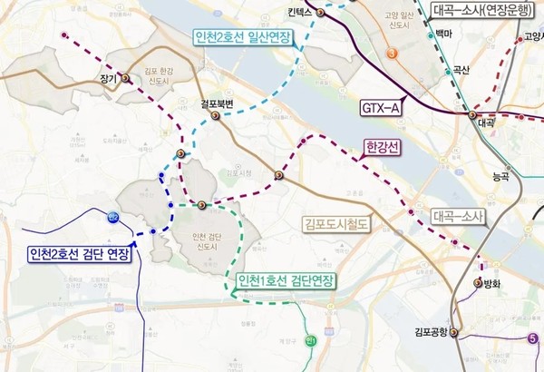 사진은 서울지하철 5호선 김포검단 연장노선을 포함한 수도권 서북부지역 지하철 노선 예상도. (사진제공=인천광역시청)