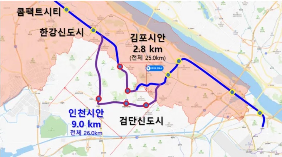 서울지하철 5호선 연장선인 인천시안과 김포시안 비교. (사진제공=검단신도시총연합회)