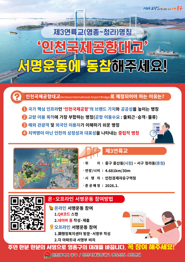 인천 중구가 제3연륙교의 명칭을 ‘인천국제공항대교’로 변경하기 위해 주민 서명운동에 돌입하며 국가지명위원회 재심의를 준비하고 있다. (사진제공=중구)