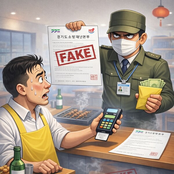 식당 안, 연기가 올라간다. 고기는 익고 있는데 사장으로 보이는 사람은 식은땀을 흘리고 있다. 앞에는 ‘공문’을 들고 선 사람이 있다. 소방이라 하고, 점검이라 하고, 안 하면 과태료가 나온다고 한다.
