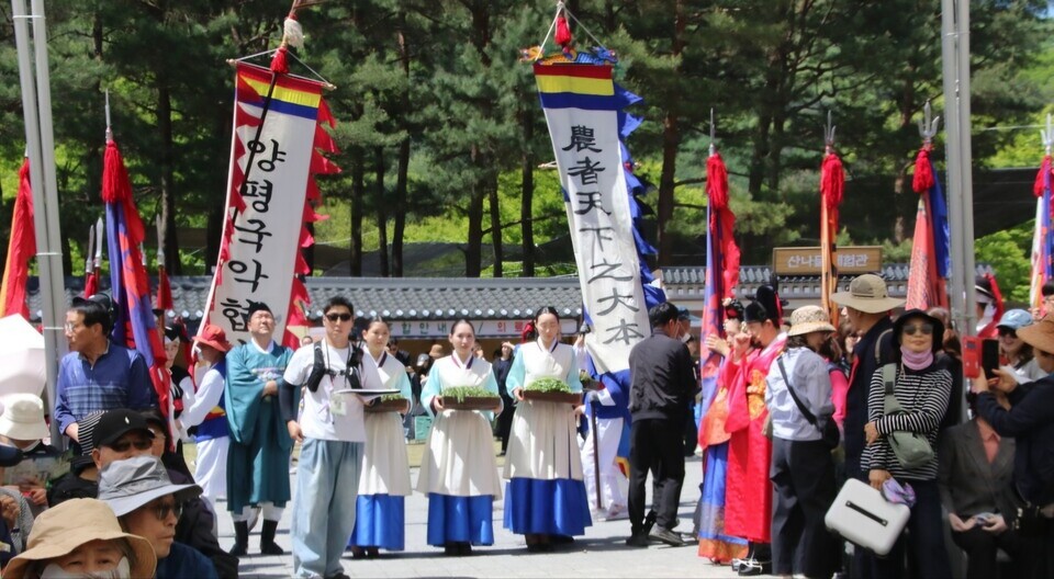 24일 용문산 관광단지 축제장에서 산나물을 담은 진상 행렬이 재현되고 있다.