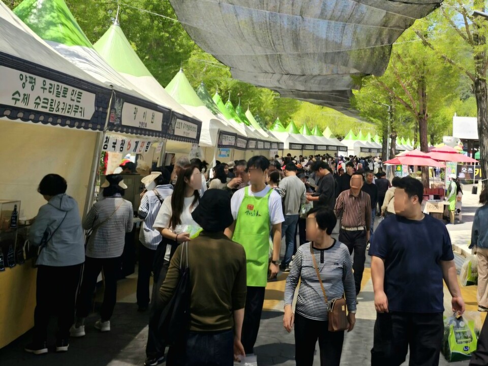 용문산 관광단지 일원에 설치된 먹거리·체험 부스에 방문객들이 몰려 북적이고 있다.